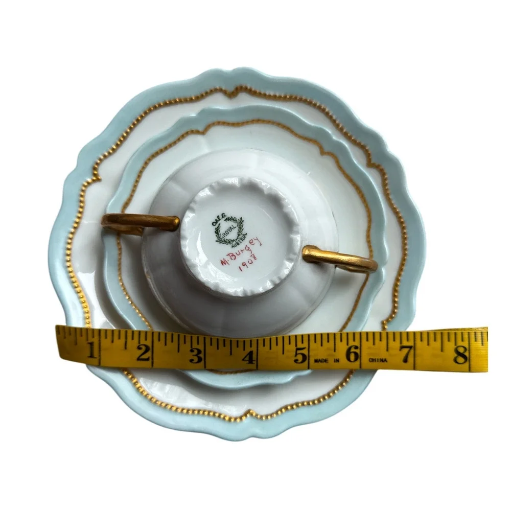 Antique O&EG Royal Austria Bouillon Cup Saucer Plate Blue Gold Gilt c1908 READ